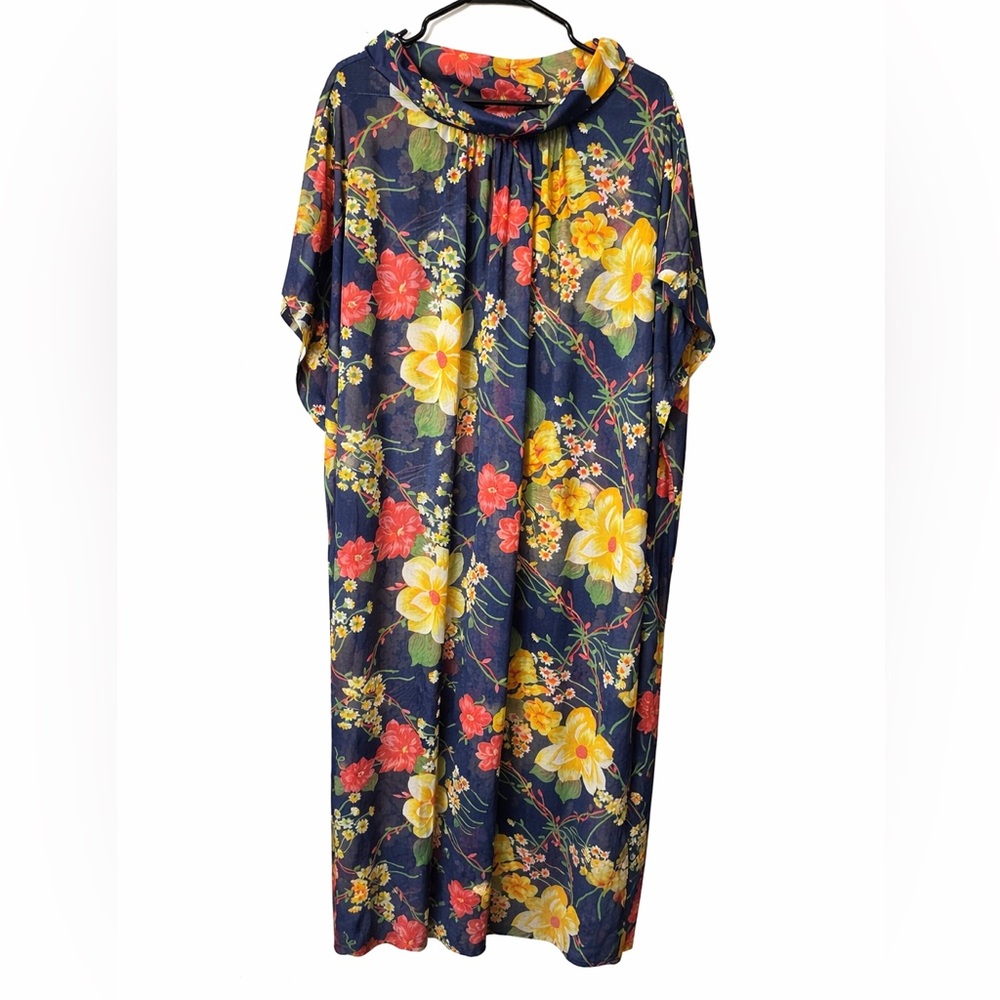 Vintage Komar Sheer Floral House Dress Lounge Caftan Maxi Navy Yellow Medium